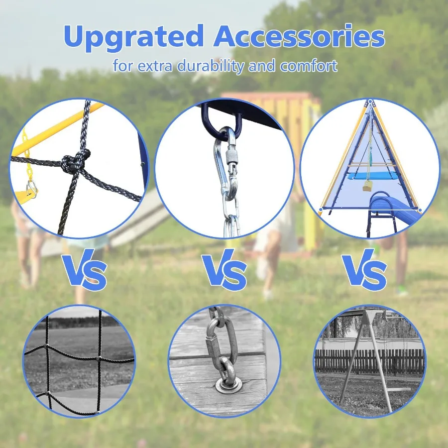 500 lbs 7 in 1 Swing Set for Backyard Outdoor AFrame HeavyDuty Metal Swing Sets with Slide 2 Swing Seats 1 Climbing Net Ladder