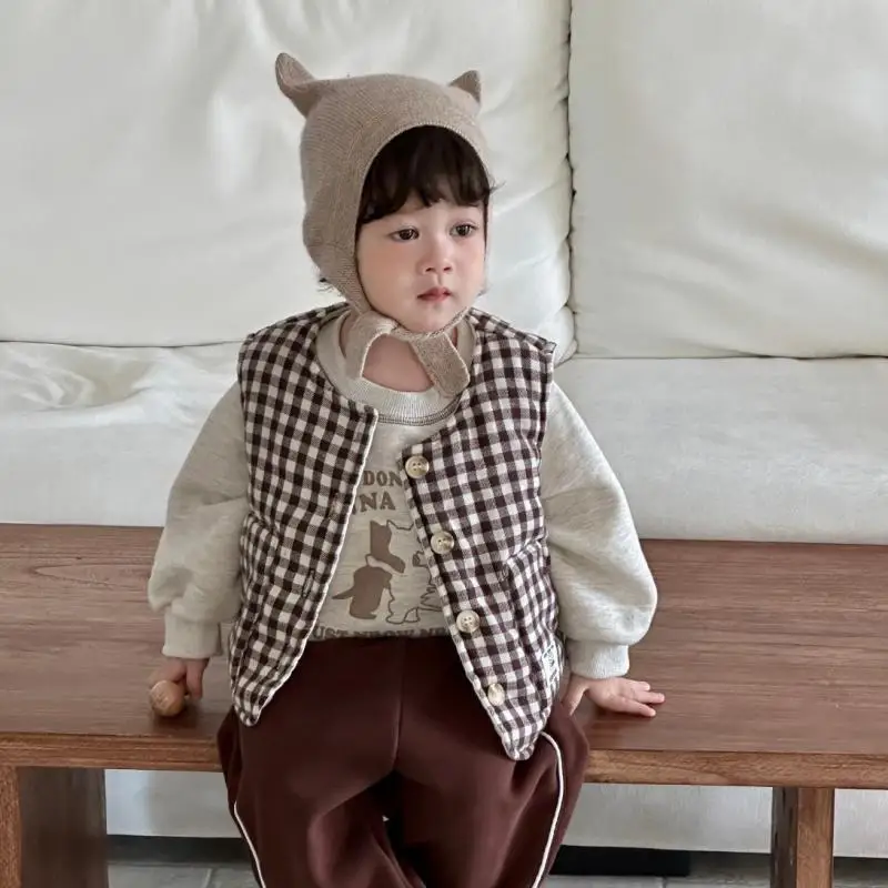 

Boys Warm Vest Jacket Fashion Girls Casual Coat Toddler Clothes 2025 Winter New Children Sleeveless Plaid Vest Plus Velvet Thick