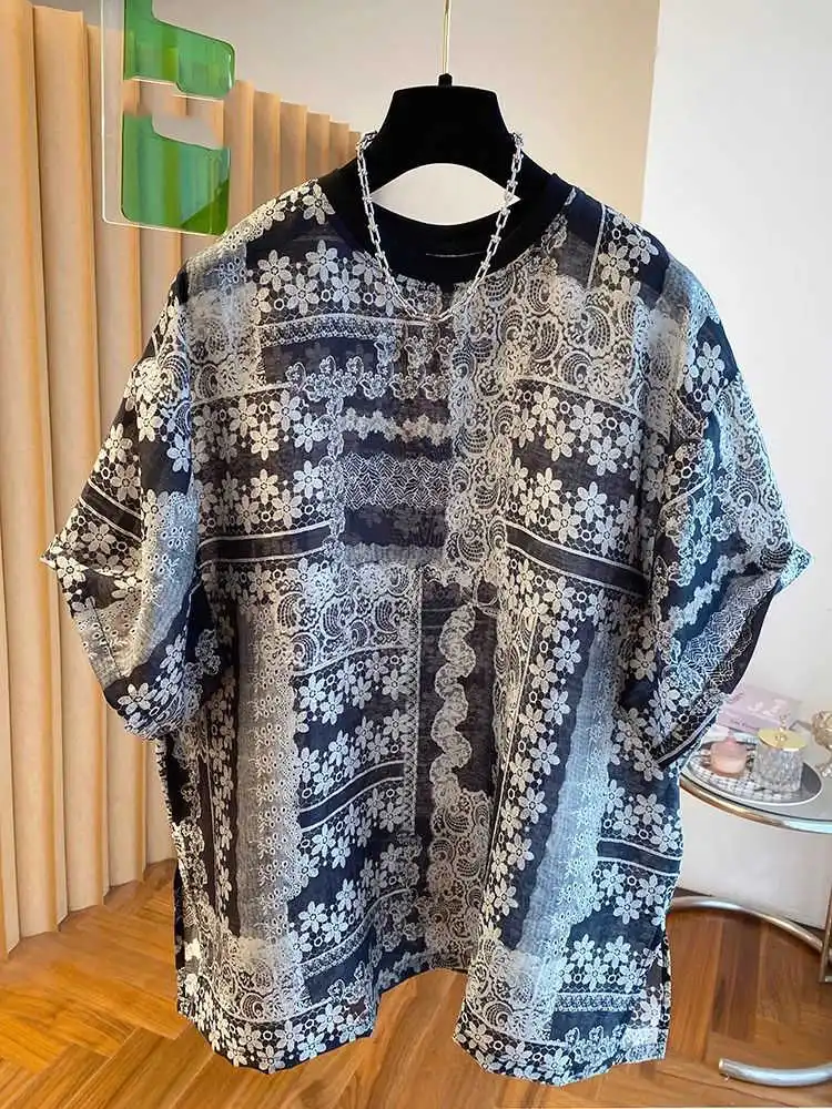 

Vintage Printed Pattern Women's Short Sleeves Ethnic Style Large Sized Chiffon T-shirts Loose Chic All Match Leisure Top