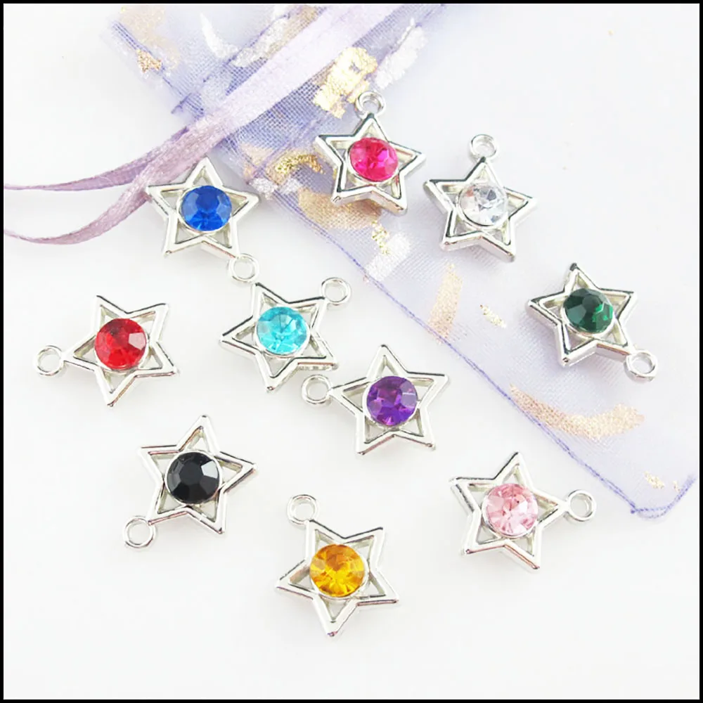 Fashion 30Pcs Mixed Crystal Dull Silver Plated Star Circle Charms Pendants 15x17mm