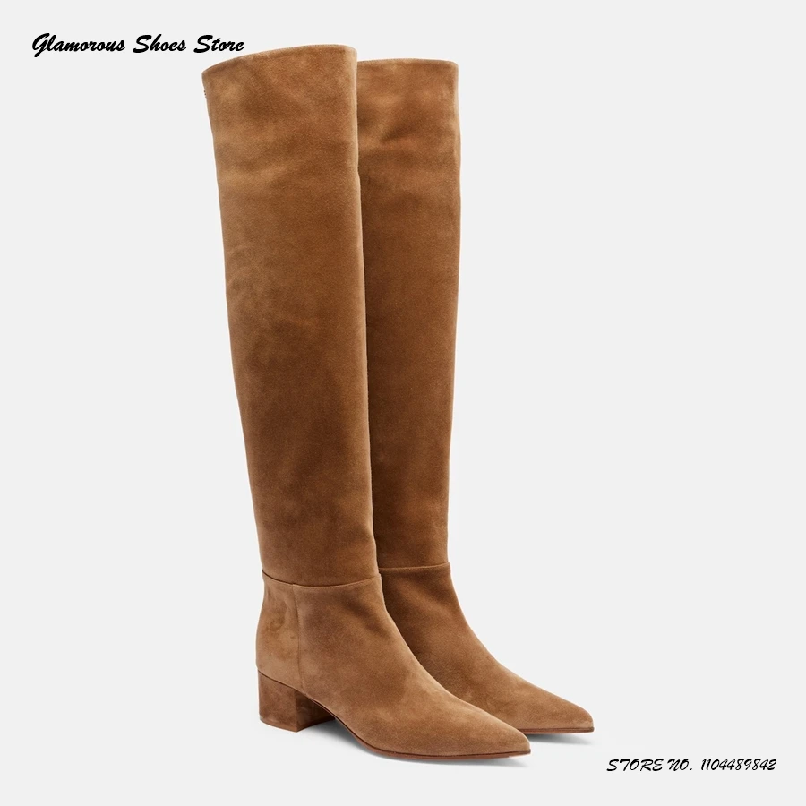 

Classy Suede Over-the-knee Boots Women's Pointed Toe Chunky Heel Party Office Shoes Spring Autumn Solid Pull On Modern Boots