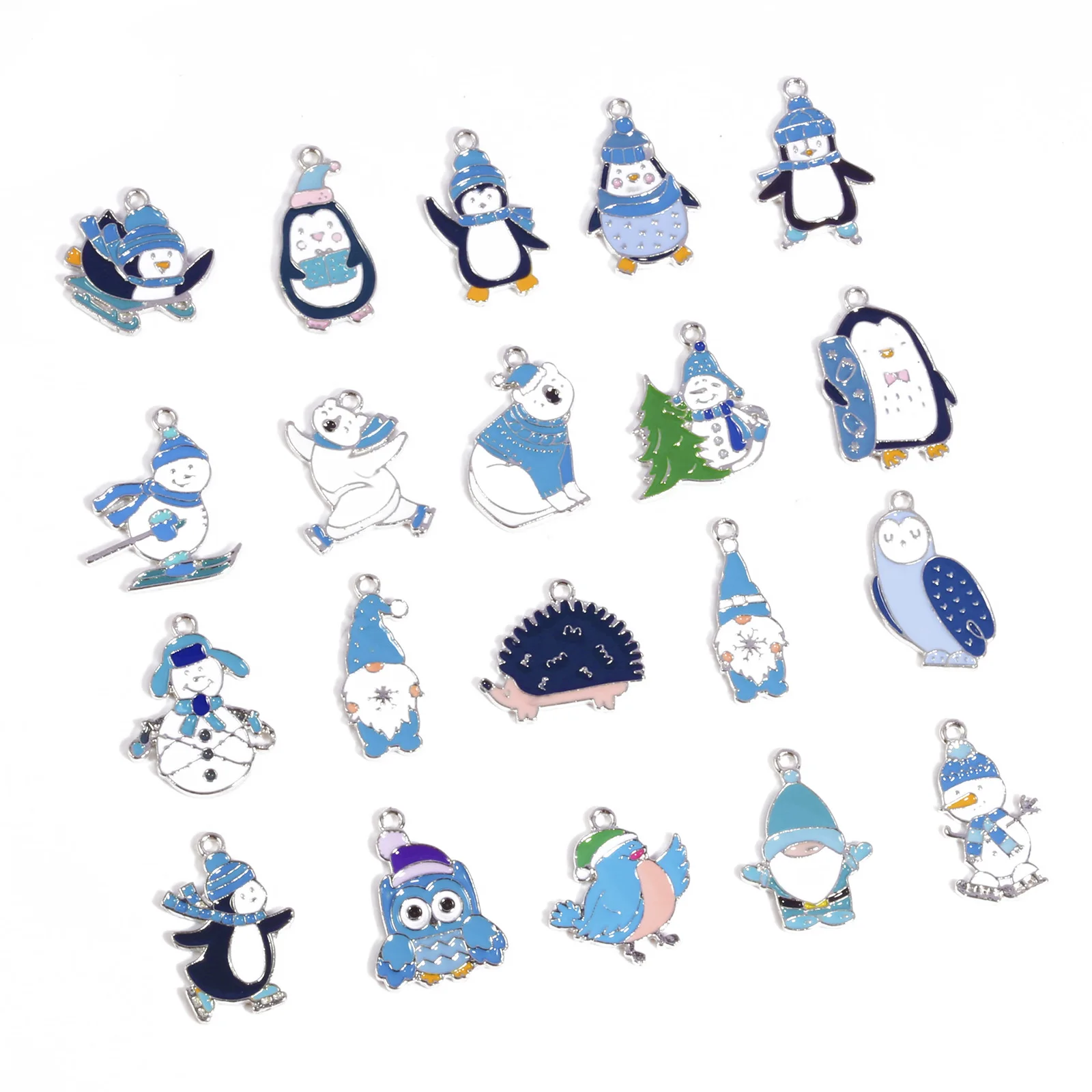 10pcs White & Blue Enamel Charms Winter Style Penguin Skiing Silver Color Small Pendants for DIY Bracelet Necklace Jewelry