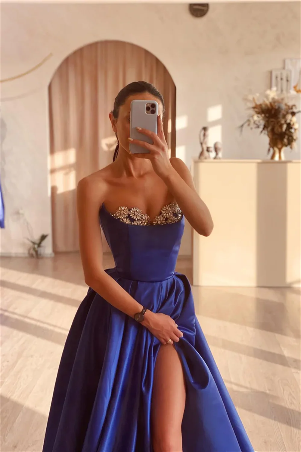 Amanda Dark Blue Prom Dresses Off Shoulder Satin vestidos de fiesta Elegant Sleeveless A-line Sexy Side High Split Party Dress