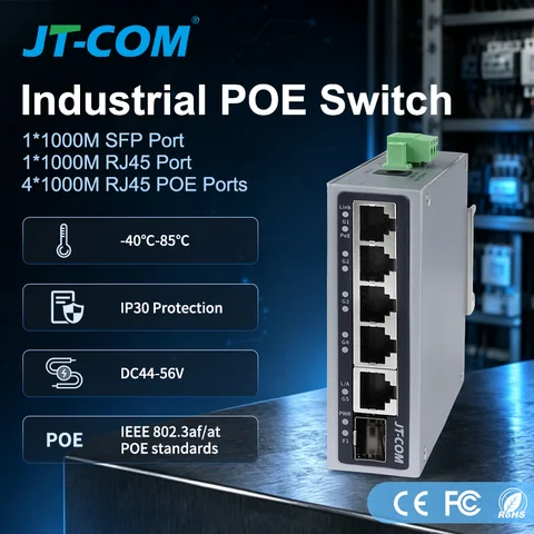 JT-COM 1.25GbE Smart Industrial PoE Switch 1*Gigabit SFP Port +1*1000M RJ45 Port +4*1000M POE RJ45 Ports for IP Camera/NVR
