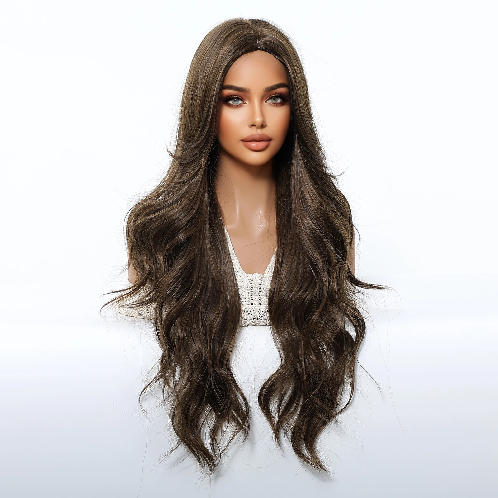 Peluca sintética de unicornio rubio, pelucas onduladas y rizadas marrones con flequillo, fiesta de Cosplay, uso Natural, fibra resistente al calor para mujeres y niñas