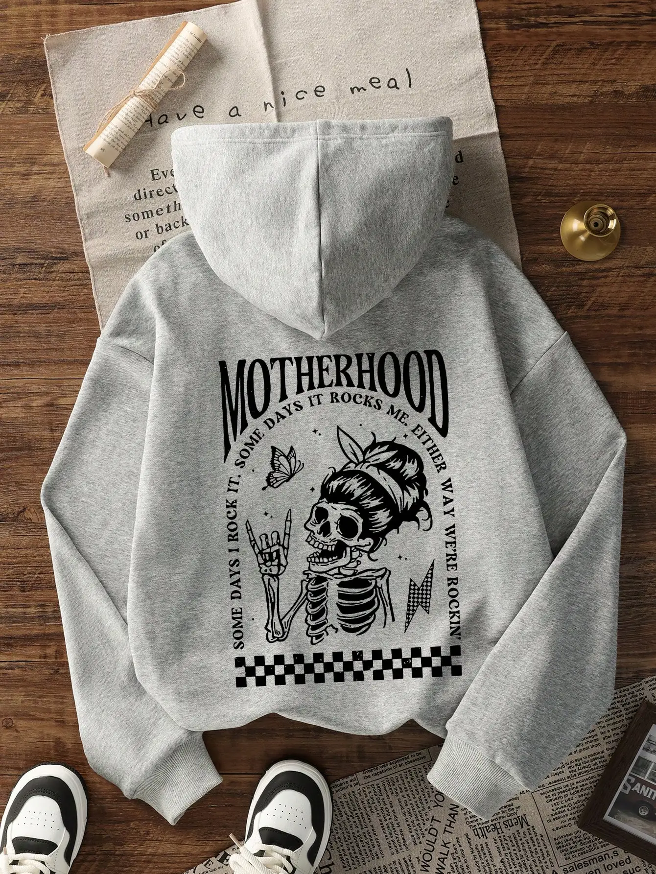 Women's Rock Skull Graphic Hoodie with Bow & Checkered Pattern, Loose Fit Winter Sweatshirt