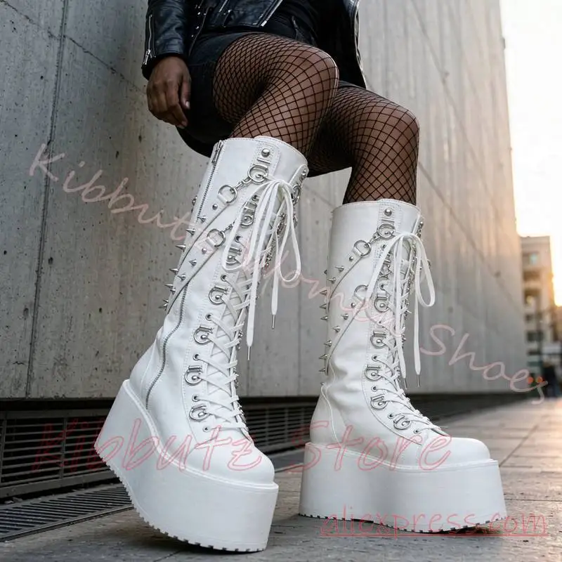 Platform Combat Knee High Boots Leather Punk Rock Rivet Studded Chain Strap Lace Up Women Goth Shoes Rivets Solid Color Fashion