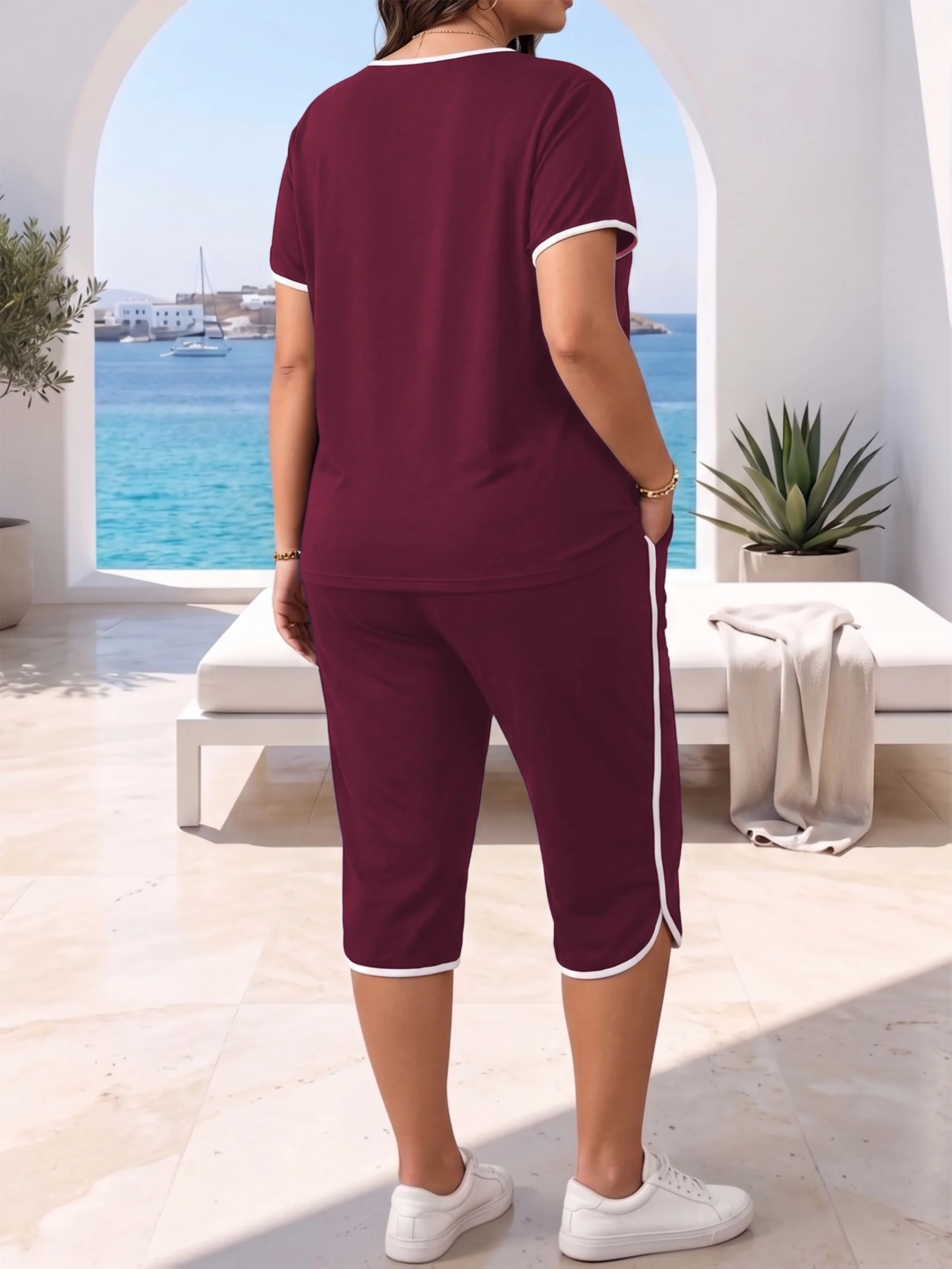 Bequemes Plus-Size-Loungeset für Damen mit kurzen Ärmeln und Hose mit Kordelzug – Detail 5