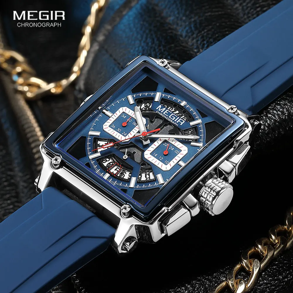 Megir Vierkante Wijzerplaat Sport Quartz Horloge Mannen Mode Waterdicht Lichtgevend Polshorloge Met Chronograaf Datum Blauw Siliconen Band 2233