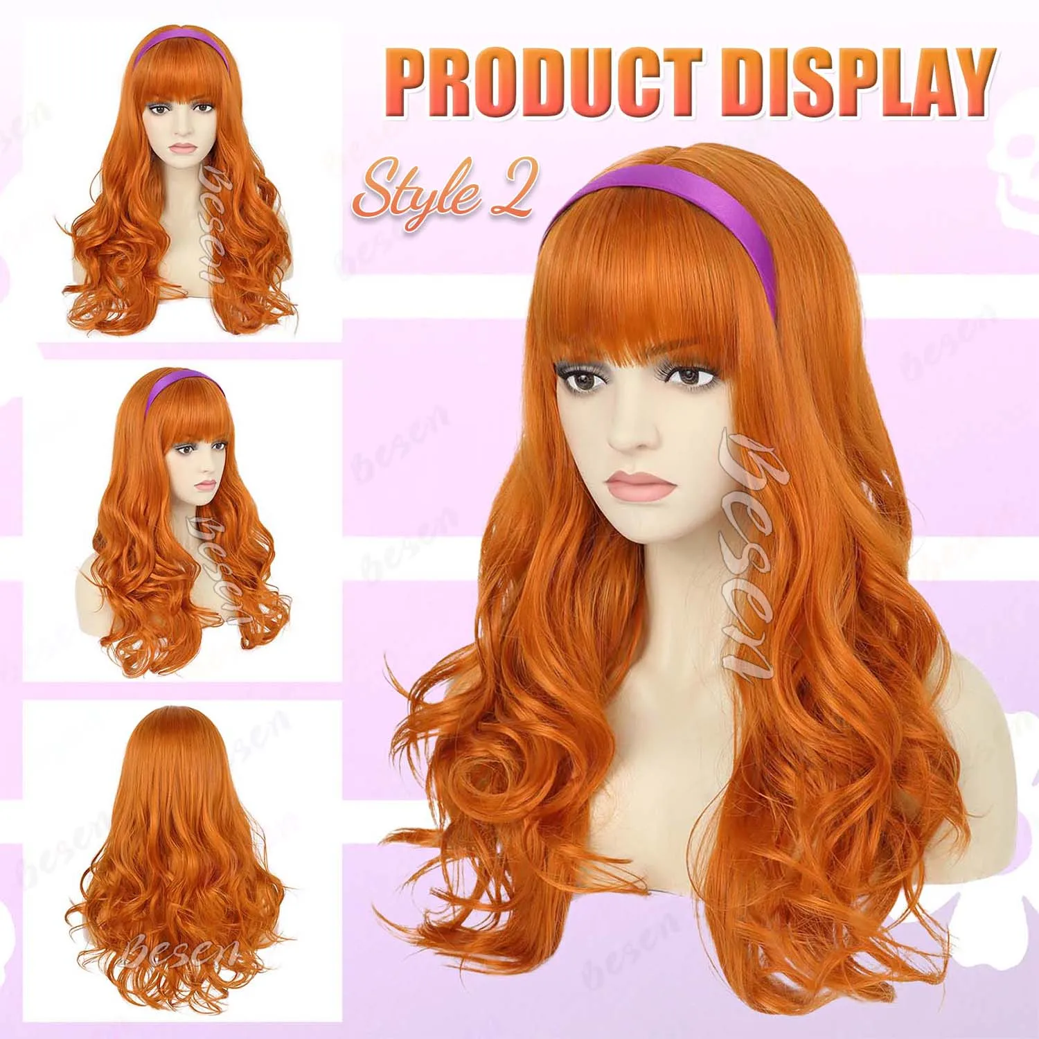 باروكة صناعية طويلة مموجة برتقالية + عصابة رأس أرجوانية، باروكة دافني، شعر مستعار بني مع غرة + نظارات + باروكات فيلما عدسة مكبرة لجميع القديسين #3