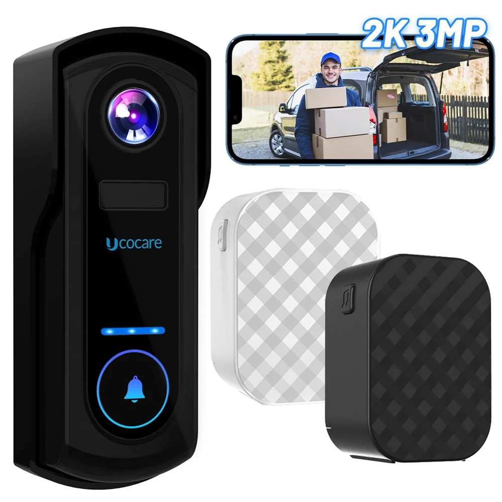 UCOCARE 2K WiFi Video Doorbell Wireless P3 Black Smart Outdoor Home Video Intercom Human Detection With Two Chime Support Alexa