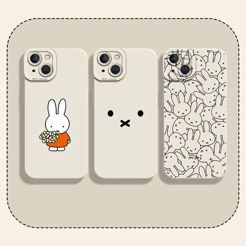 Niedliche Cartoon Miffy Luxus-Matte-Silikon-Handyhülle für iPhone 11 12 13 14 15 16 17 Pro Max Plus X 8 Plus mit Linsenschutz ﻿