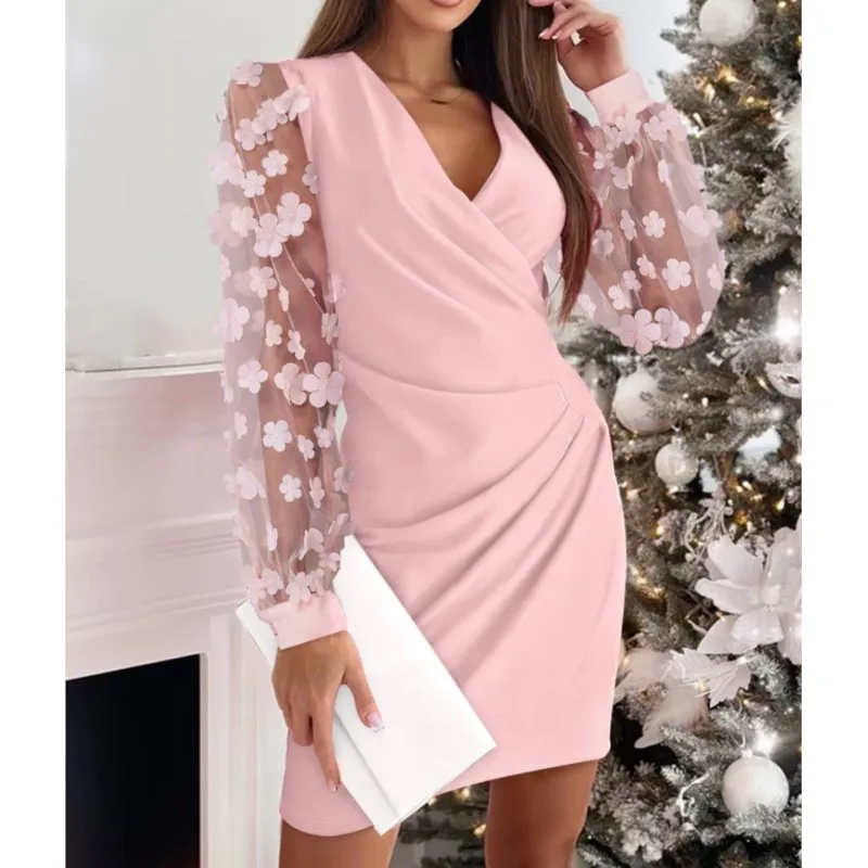 

Sexy V-neck Lace Patchwork Hollowed Out Long Sleeved Dress For Women Fashion Solid Color Elegant Pleated Pencil Dress Vestidos