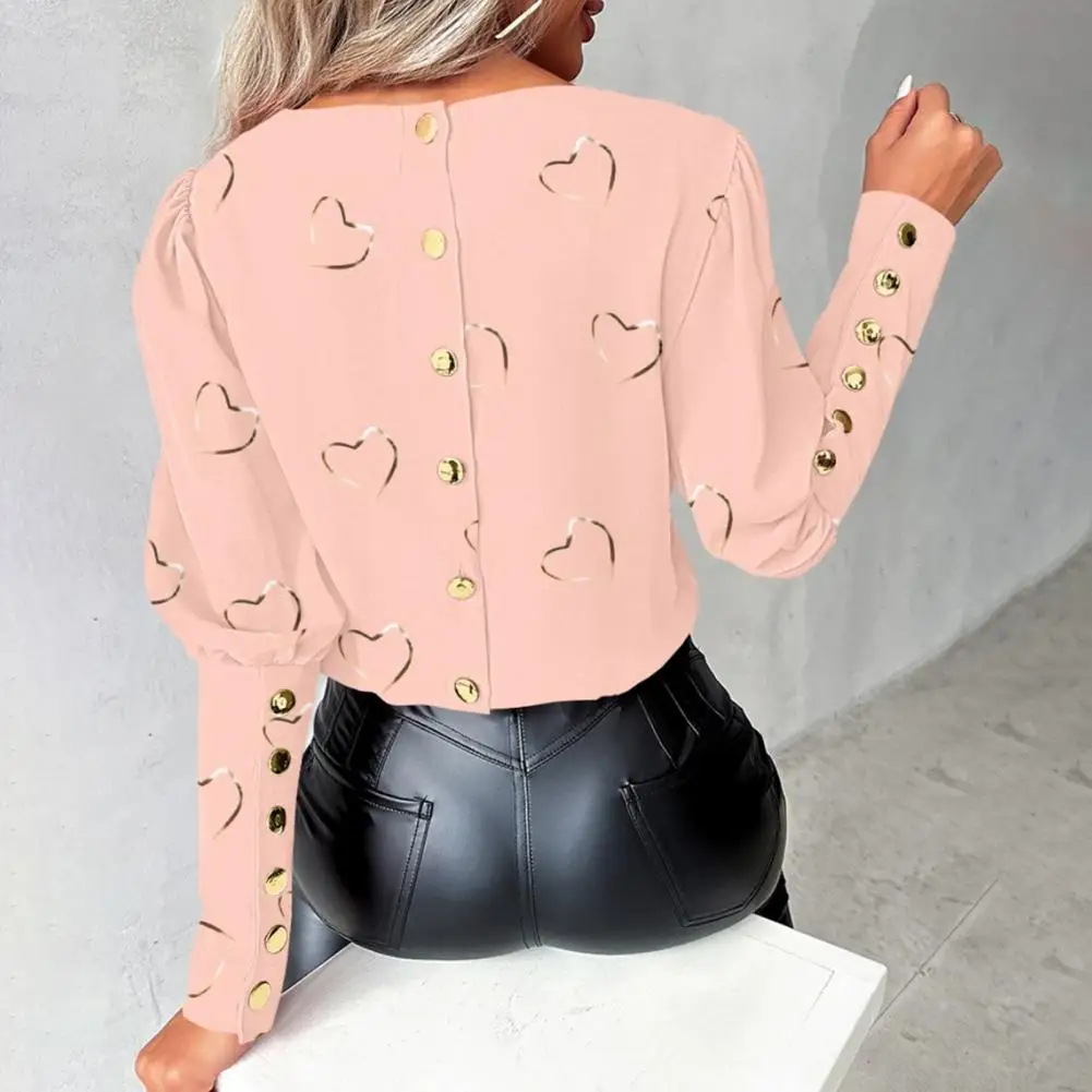 Round Neck Shirt Heart Print Long Sleeve Blouse for Women Round Neck Loose Button Decor Shirt Soft Breathable Ol Commute Style