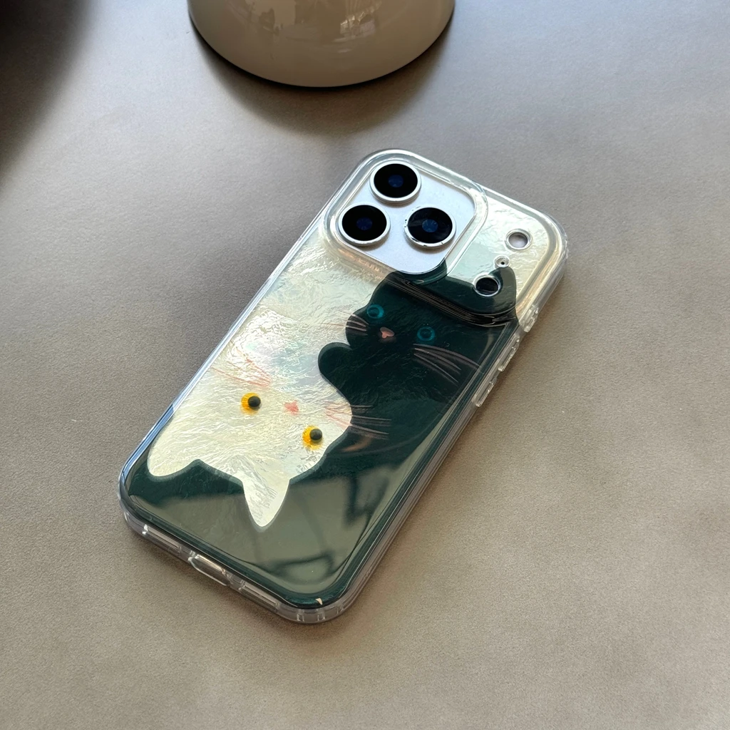 Cartoon Cute Black White Cats Wrinkled Texture With Lanyard Shock Proof Phone Cover Case for iPhone 17 16 15 14 13 Pro Max