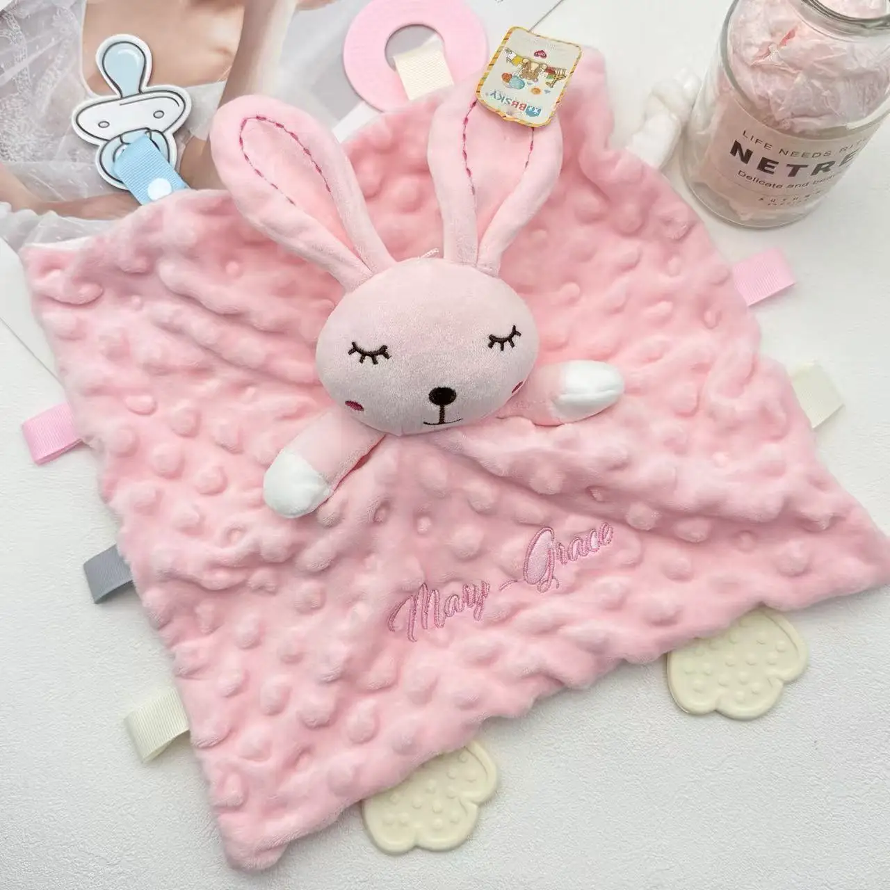 Custom Embroidered Baby Soft Toys with Soothing Pacifier Tooth Glue Personalized Gift for Infants