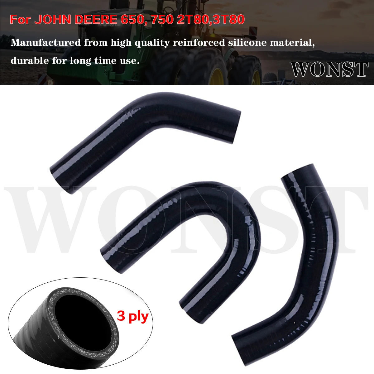 

3Pcs For John Deere 650 750 2T80 3T80 Silicone Upper Lower ByPass Radiator Coolant Hoses Set Tubes Pipes