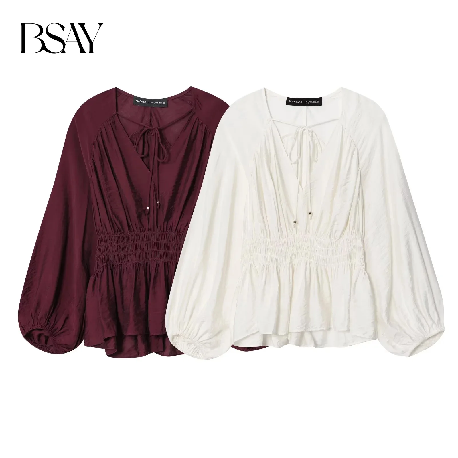 BSAY French strap decoration 2025 autumn new women's clothing V-neck lantern waist cinched long sleeved pleated shirt top