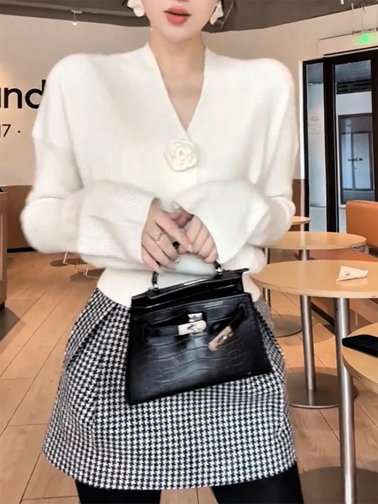 

Ele Floral V-Ne Knitwear plus Size Slimming Versatile Women's Top Autumn Winter New Sle Comfortable Fit Long Sve