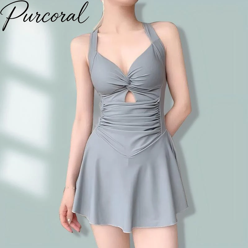 2026 New Women One Piece Skirt Swimsuit V Neck Twist Front Hollow Out Ruched Tummy Control Halter Swim Dress Bathing Sui