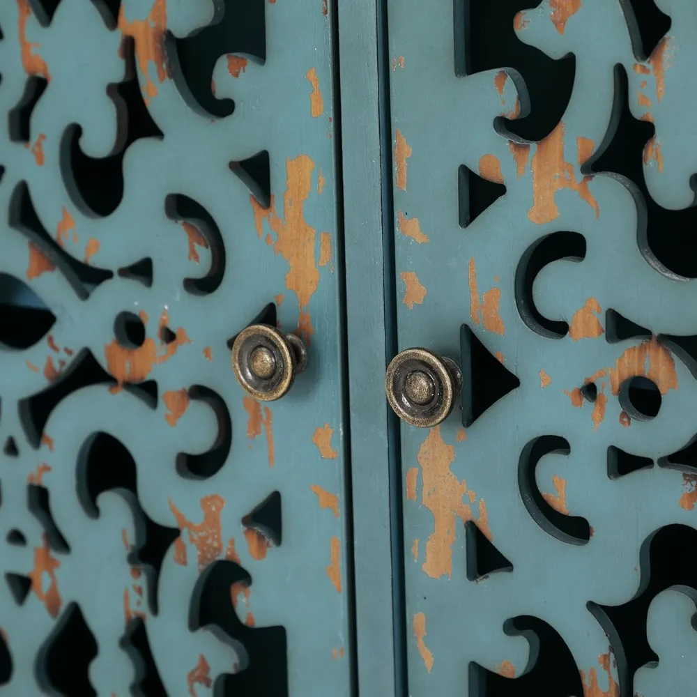 Niebieska wysoka szafka z 2 drzwiami do salonu i jadalni, dekoracyjne meble akcentujące.