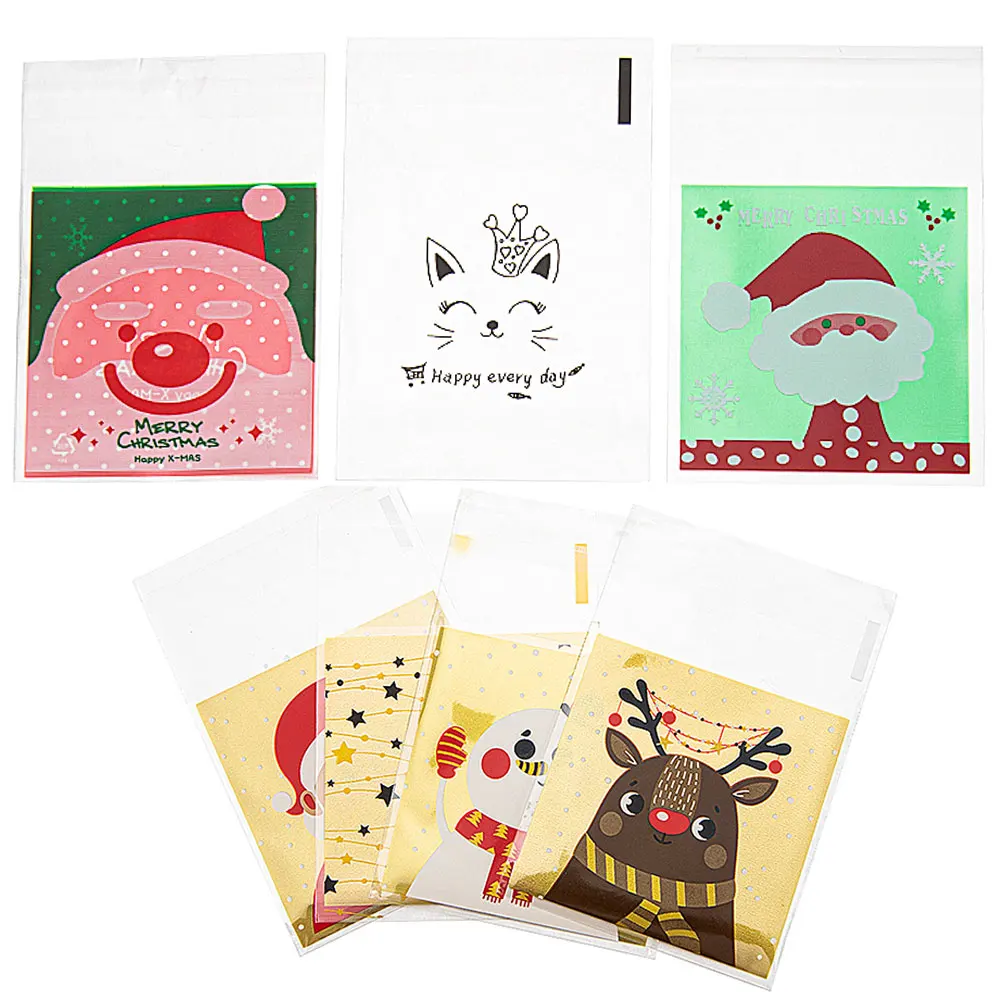 50pcs Merry Christmas Plastic Bags 7x10cm Transparent Self-Adhesive Bags For Jewelry Display&Packaging Biscuits Baking Storage