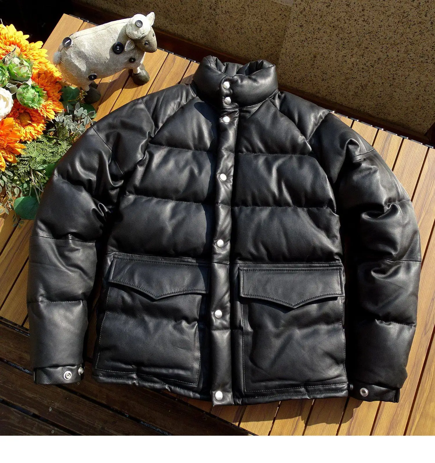 Black Winter Leather Down Jacket Men Casual Style Plus Size 4XL Genuine Natural Sheepskin Stand Collar Thick Warm Coat