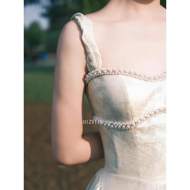 2025 女性スパゲッティストラップ花柄ミディドレスエレガントな背中の開いた Sleevelss 大きな裾 A ラインドレス 2025 女性パーティーイブニングドレス