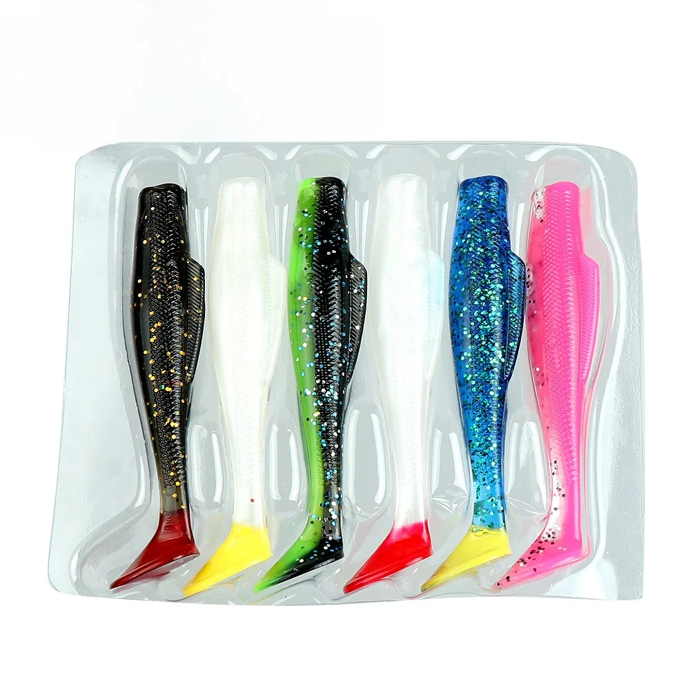 6 Stück T-Tail Boxed Fluoreszierende Weichköder 9cm /4,4g Künstliche Bionische Salzwasser-Köder Praktisches Angelzubehör Angelköder