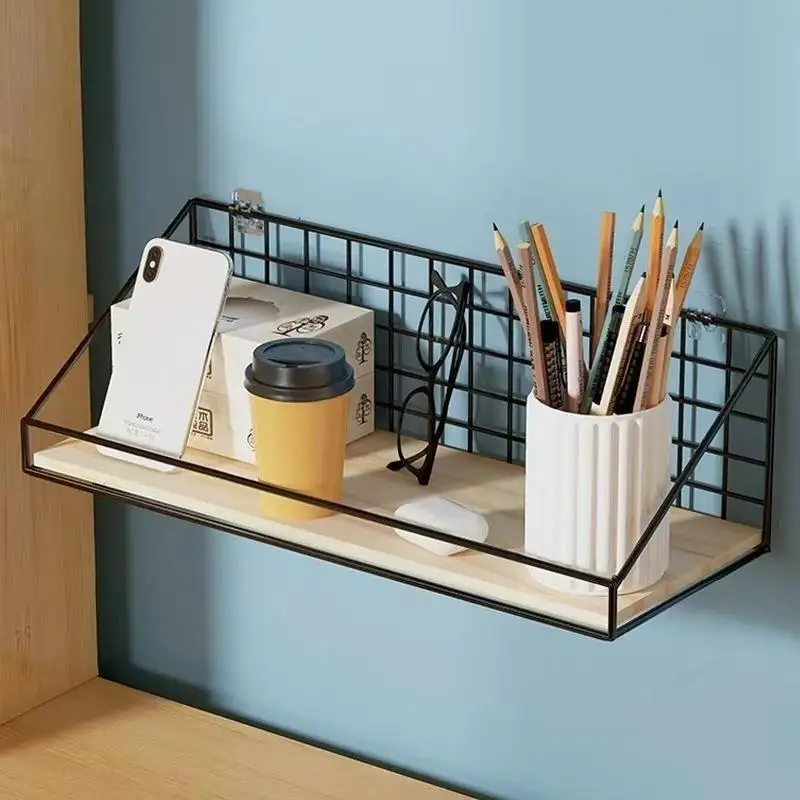 Wood Metal Wire Floating Shelf Adhesive Wall Mounted Bathroom Organizer Store Toiletries Cosmetics Home Decor Supply