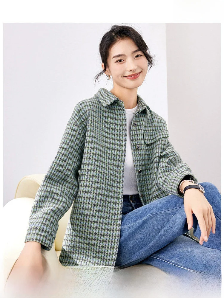 

Green Retro Plaid Stand Collar Jacket Commute Versatile Design Spring Autumn New Arrival Women's Loose Fit Long Sleeve Coat