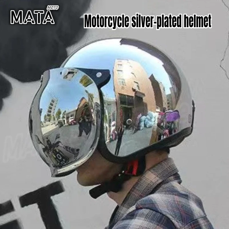 Hots Unique Silver Plating Open Face Retro Motorcycle Helmet Vintage Moto Chrome Helmet Sliver Jet Moto 3/4 Half Casco Casque