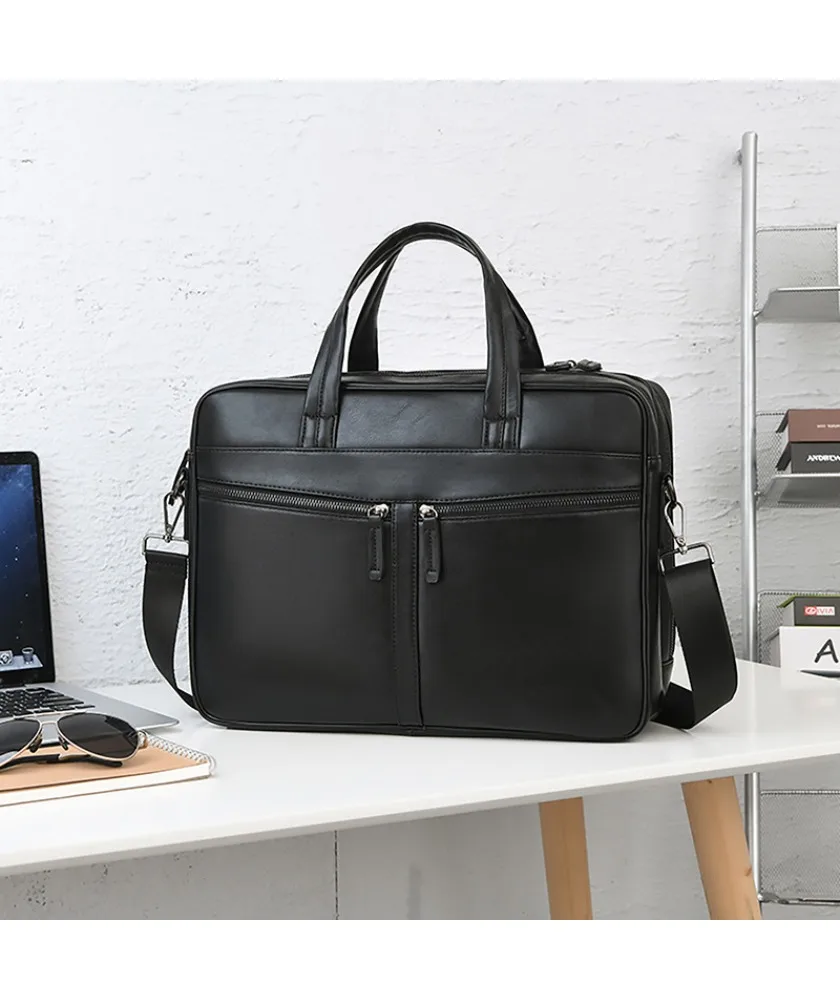 Black leather briefcase with detachable shoulder strap multi zippered compartments water resistant design for business meetings