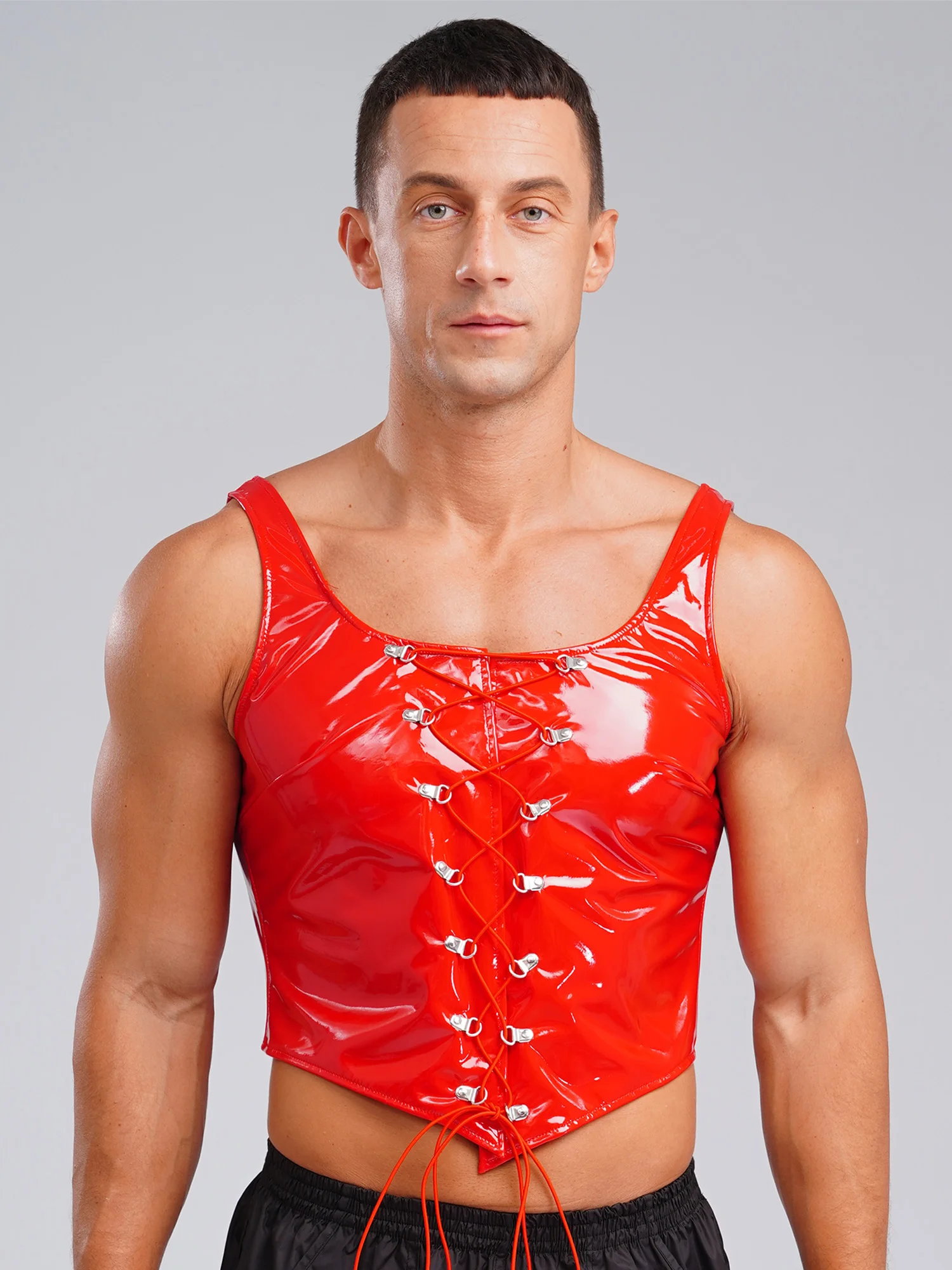 Atasan Rompi Potong Hem Tidak Beraturan Ritsleting Belakang Berenda Dapat Disesuaikan Tanpa Lengan Kulit Paten Tampilan Basah Pria untuk Klub Malam Pesta