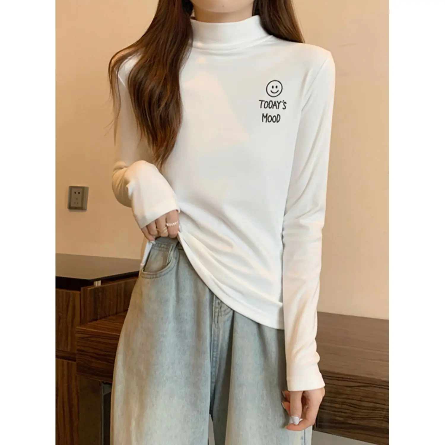 Fleece Lined Long Sleeve T-Shirt Double Sided Brushed Half High Collar Stand up Winter Fashionable New Style Women's Top