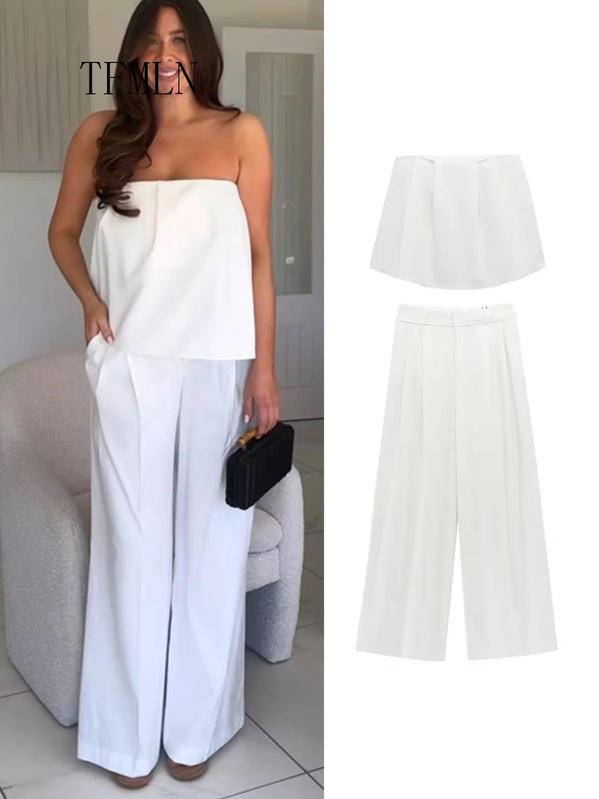 

TFMLN Sexy Strapless Top Pants Set For Women Solid White Off Shoulder Tops High Waist Wide Leg Pant Summer Lady Elegant Outfits