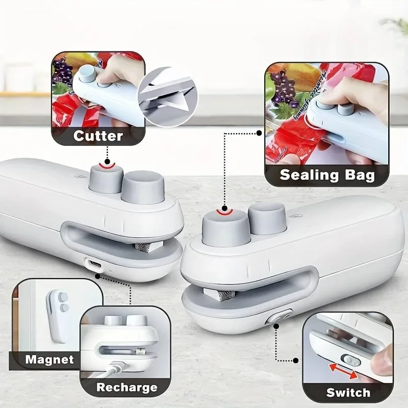 Portable Mini Sealer 2 in 1 Heat Sealer for Snacks Home Use Rechargeable Sealer Vacuum Sealer Snacks Plastic Bag Heat Sealer