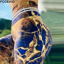 FCCEXIO Golden Marbling 3D Print Women Pants Push Up Running Sports Sexy Leggings Slim Pants New Trousers Fitness Legging S-3XL