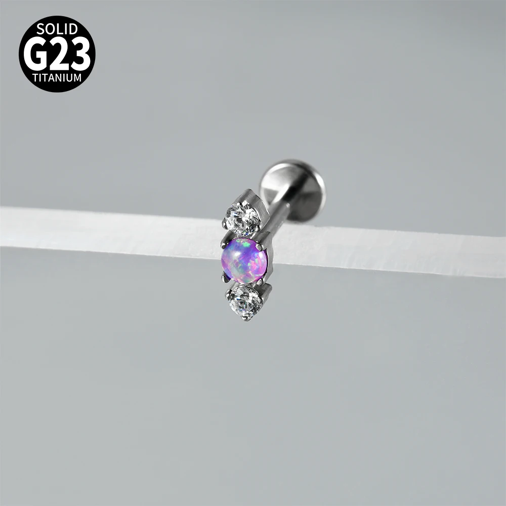 1PC G23 Titanium Center Opal Side CZ Vertical Round Internal Thread Labret Ear Studs Cartilage Helix Lobe Conch Piercing Jewelry