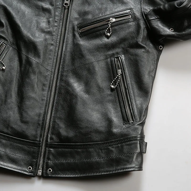 High-quality Simple Genuine Leather Jacket Horsehide Short Moto & Biker Slim Turn-down Collar Men\'s Casual Real Leather Coats