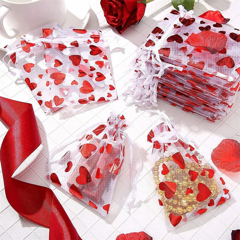 Heart Printed Organza Bag Jewelry Packaging Gift Pouch Yarn Candy Bags With Drawstring For Wedding Party Festival