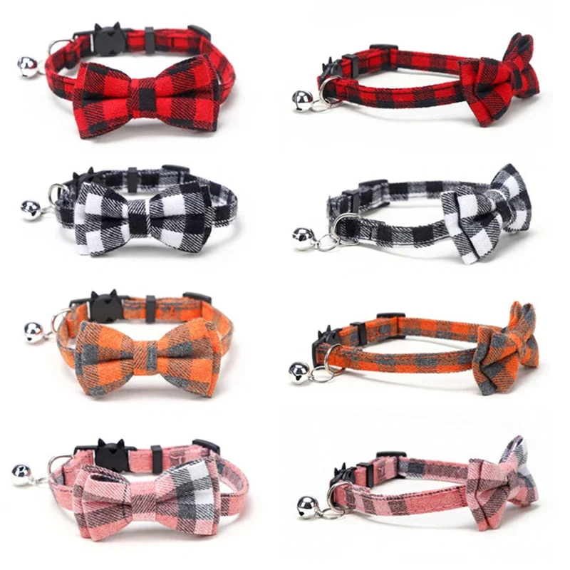 Bowknot Breakaway Cat Kitten Collar Bow Tie Adjustable Dog Collar with Bell Plaid Safety Buckle Christmas Pet Collar Necklace