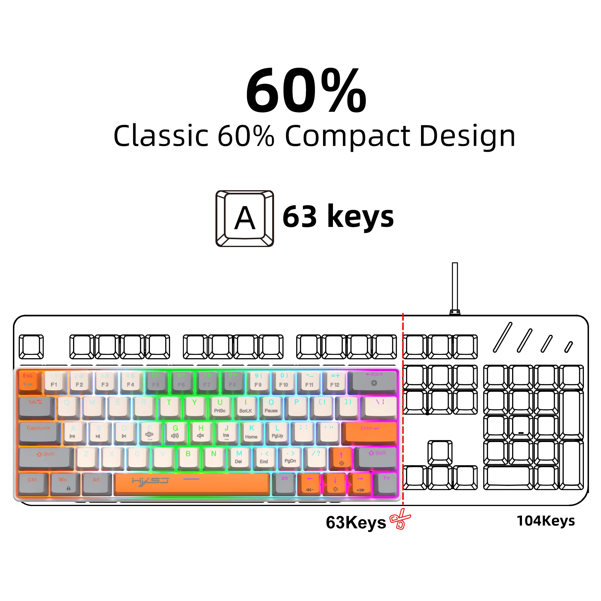 63 Keys Portable 60% Mechanical Gaming Keyboard,With Red Switch Backlit Compact Mini Wired Office Keyboard