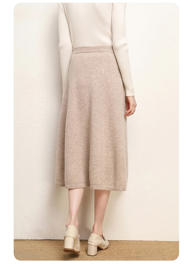 Fengbaoyu 100% Cashmere Skirt Autumn and Winter Elastic Waist Wool Knitted A-line Skirt Soft Delicate Light Luxury Women's Dress