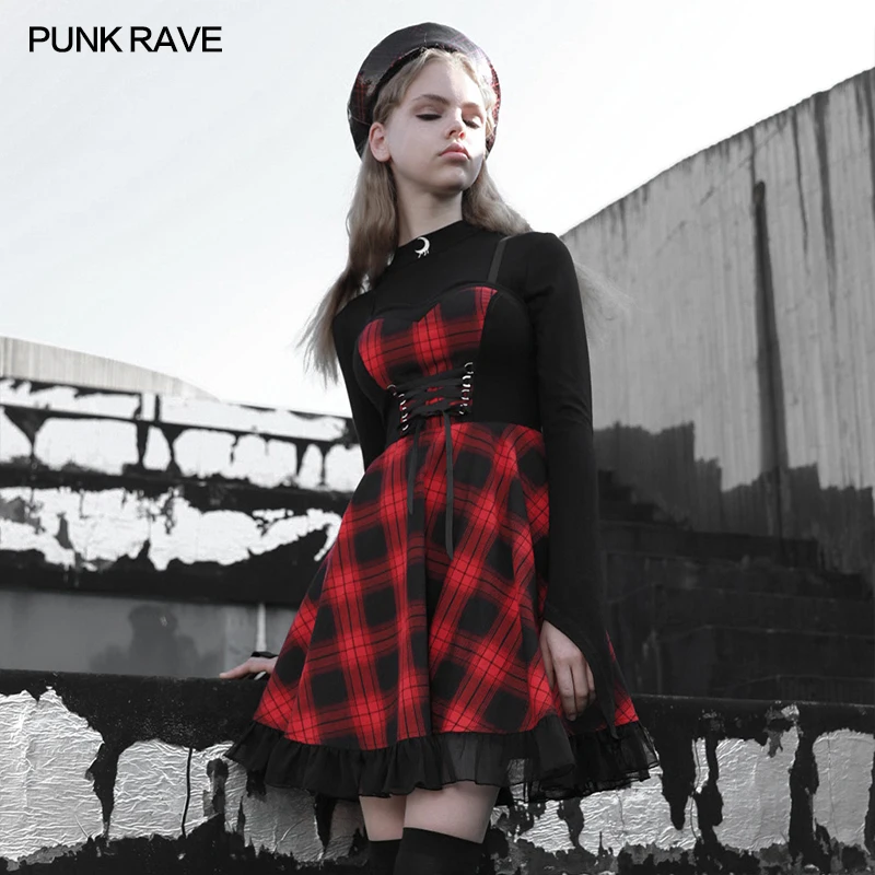 PUNK RAVE Women’s red Plaid Sling Dress Female High Waist Slim Adjustable shoulder straps Princess mix stitching short dress