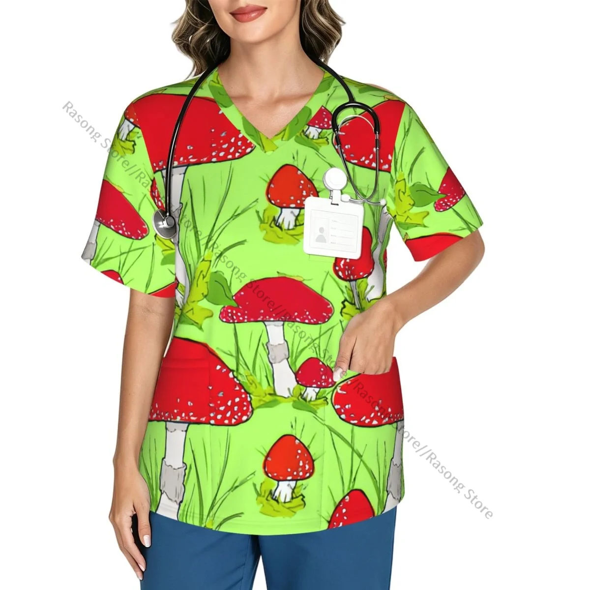 Women's Medical Scrub Top V Neck Short Sleeve Red Fly Agaric Mushrooms Stretch Nursing Uniform for Hospital Clinic