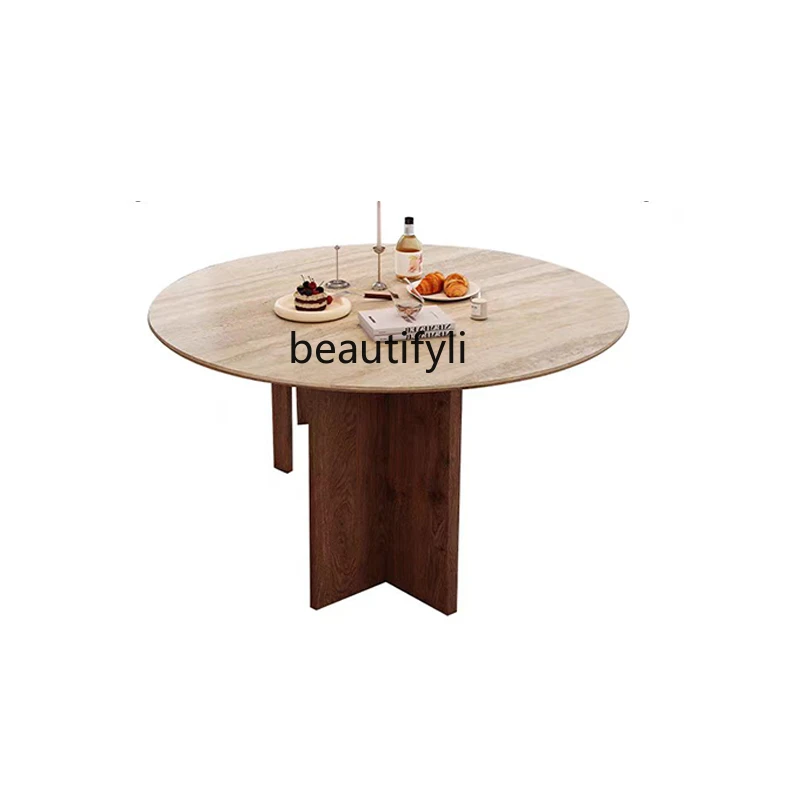 

French Cave Stone Stone Plate round Table Vintage Solid Wood Home Antique Style Solid Wood Dining Tables and Chairs Set