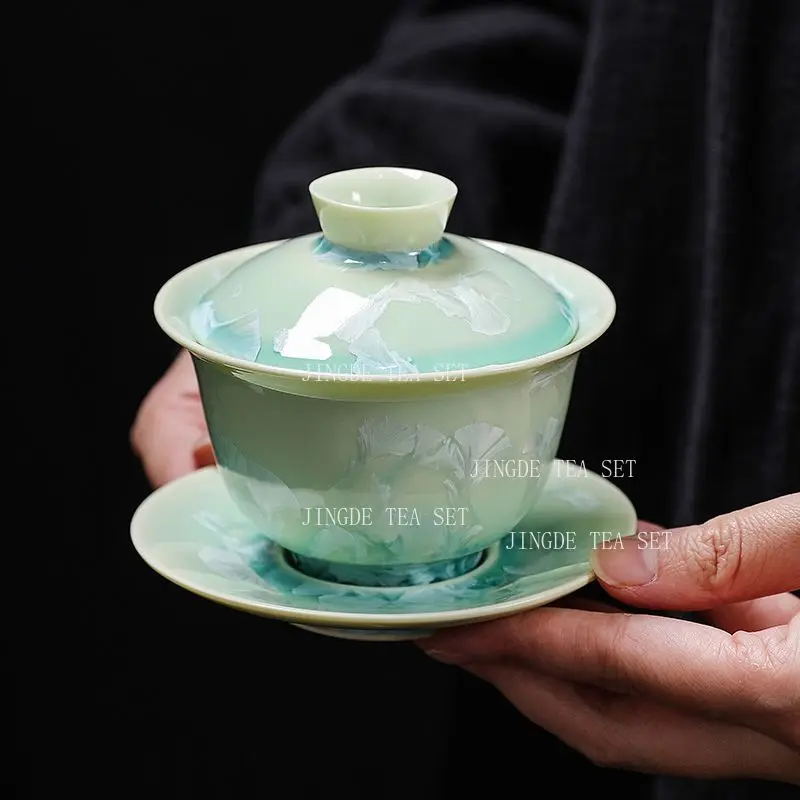 140ml Light Cyan Embossed Ginkgo Leaf Gaiwan 3-piece Porcelain Tea Bowl Chinese Gongfu Tea Brewing Cup Oriental Tea Room Teaware
