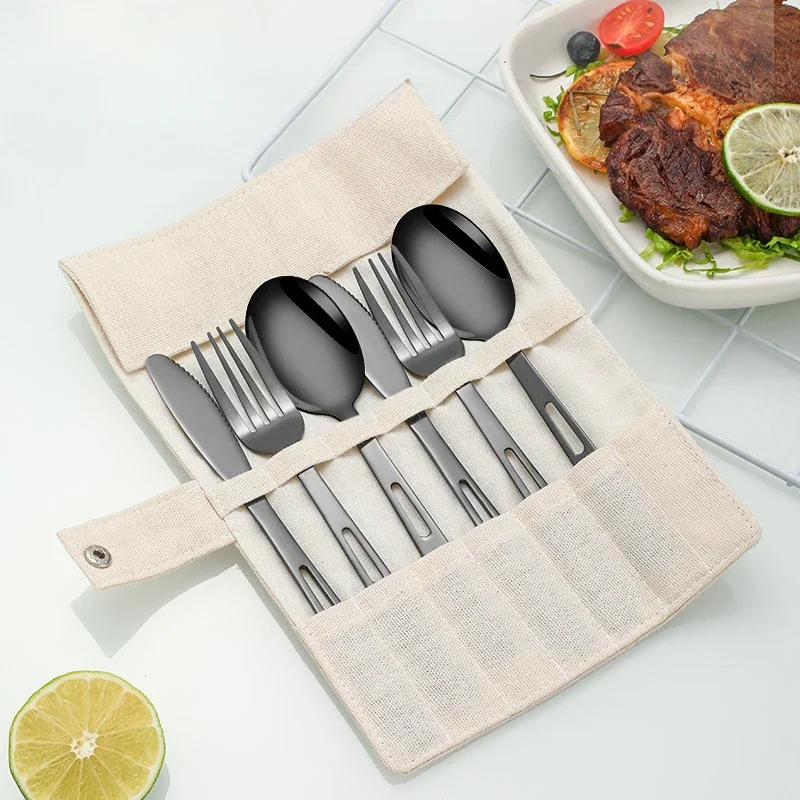 Spoon Fork Knife Sets Stainless Steel Outdoor Tableware with Storage Bag For Home Travel Camping Picnic Portable Tools