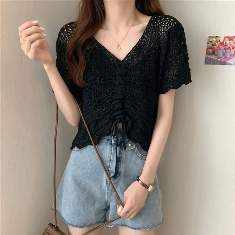 Summer New Drawstring Lady V-neck Short Hollow Knitted Women's Hollowed out Short Sleeved Top Sweater Blue